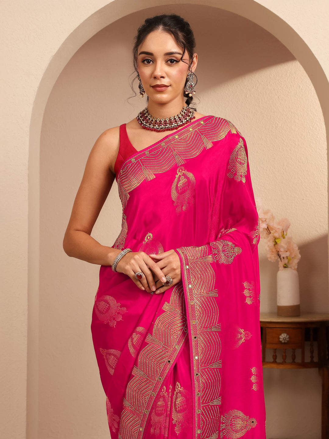  Libas Art Rose Pink  Embellished Silk Blend Saree 