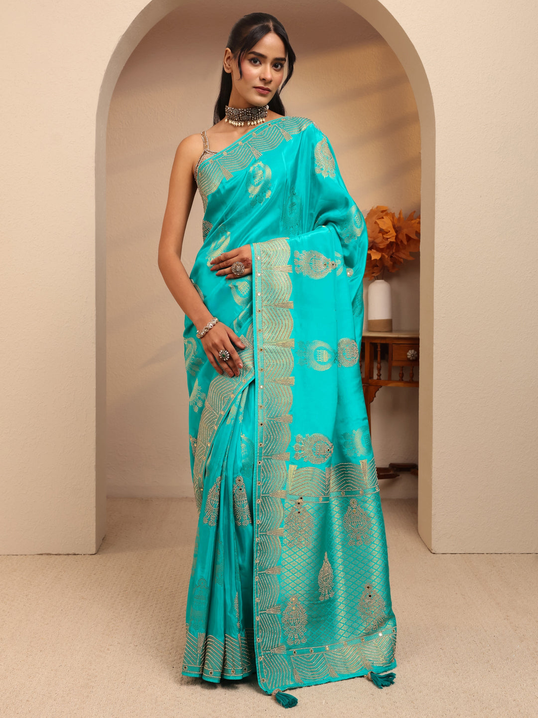  Libas Art Sea Green Embellished Silk Blend Saree 