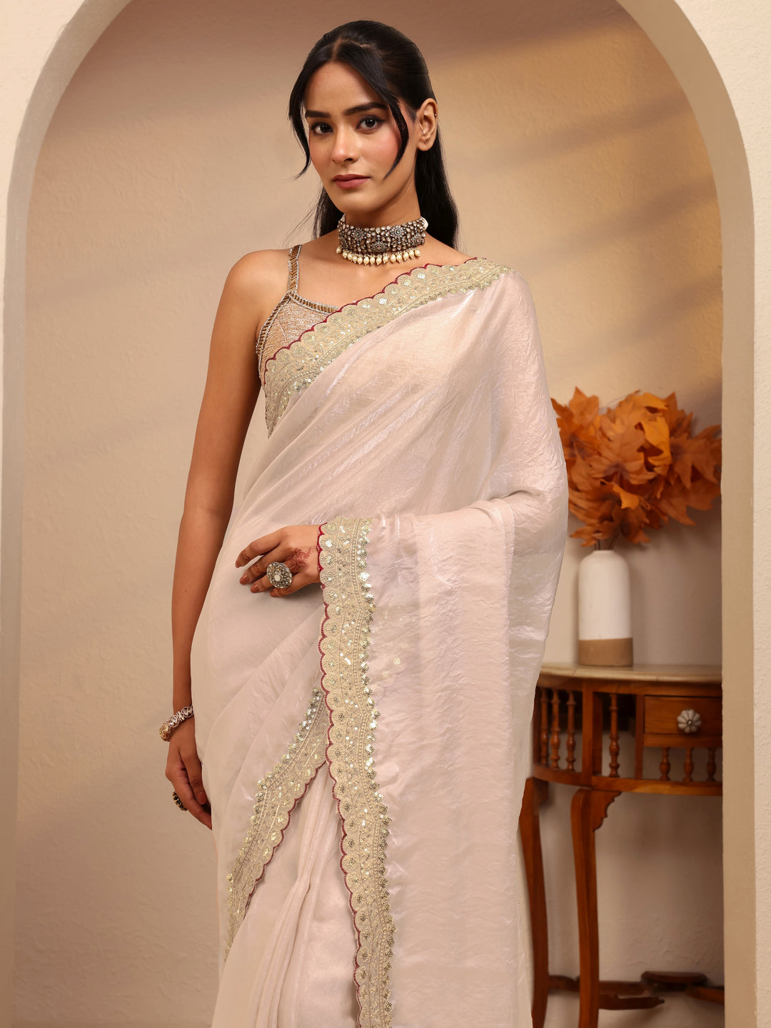  Cream Embellished Tissue Saree 