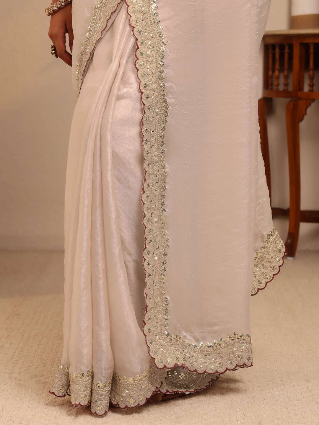 Cream Embellished Tissue Saree 
