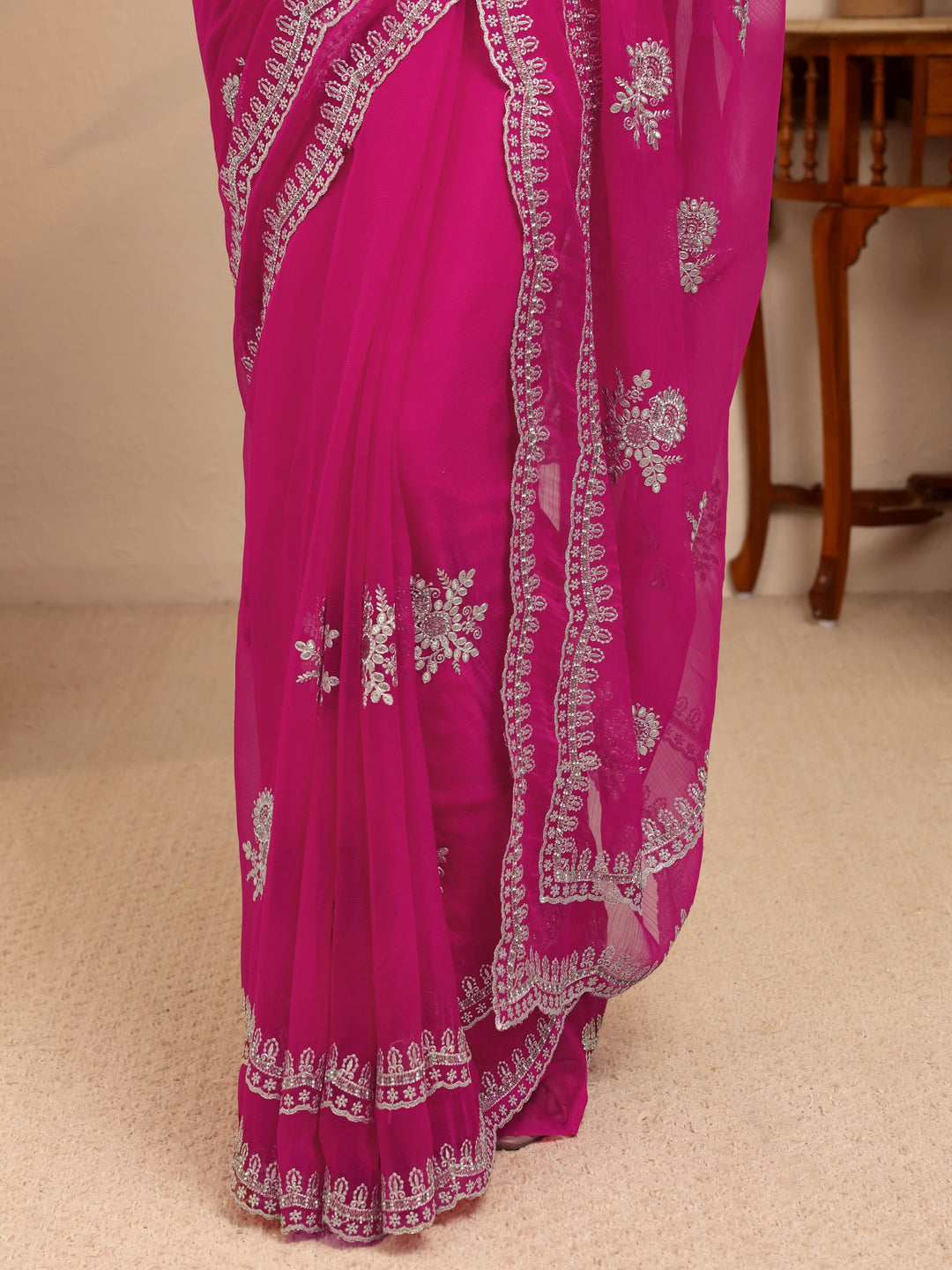  Hot Pink Floral Embellished Chiffon Saree 