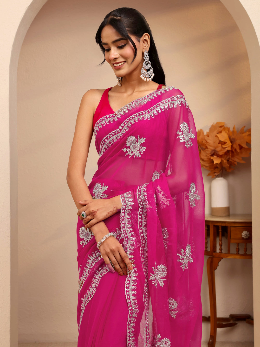  Hot Pink Floral Embellished Chiffon Saree 