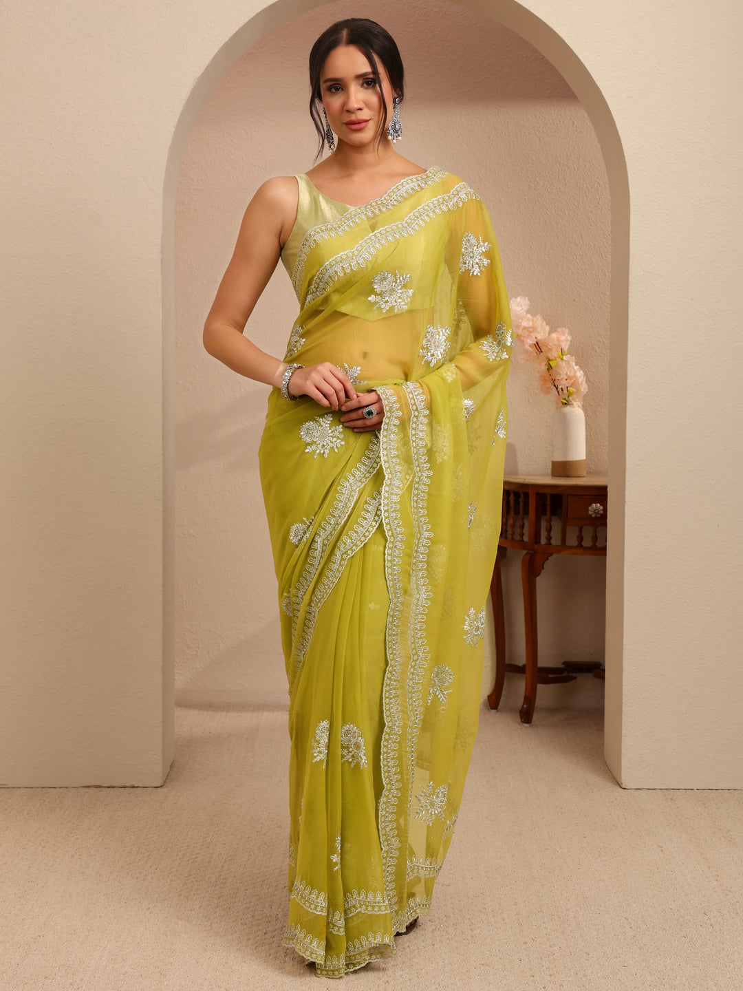  Lime Green Floral Embellished Chiffon Saree 
