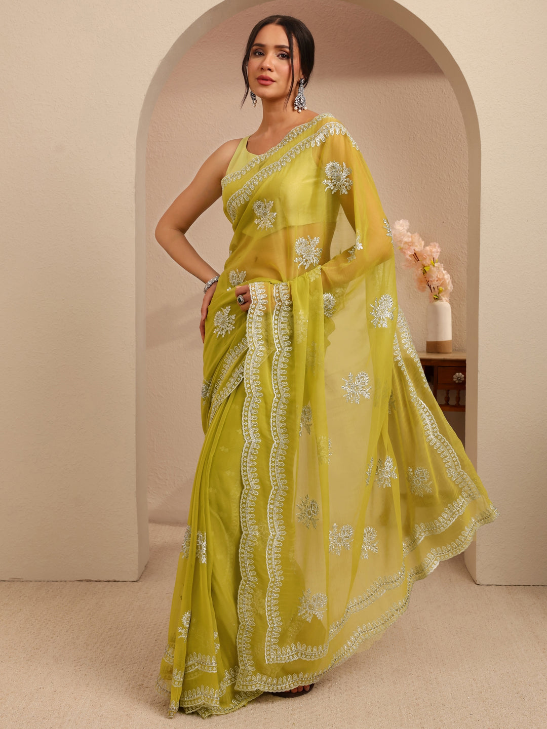  Lime Green Floral Embellished Chiffon Saree 