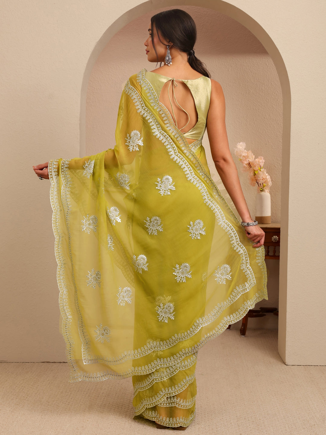  Lime Green Floral Embellished Chiffon Saree 
