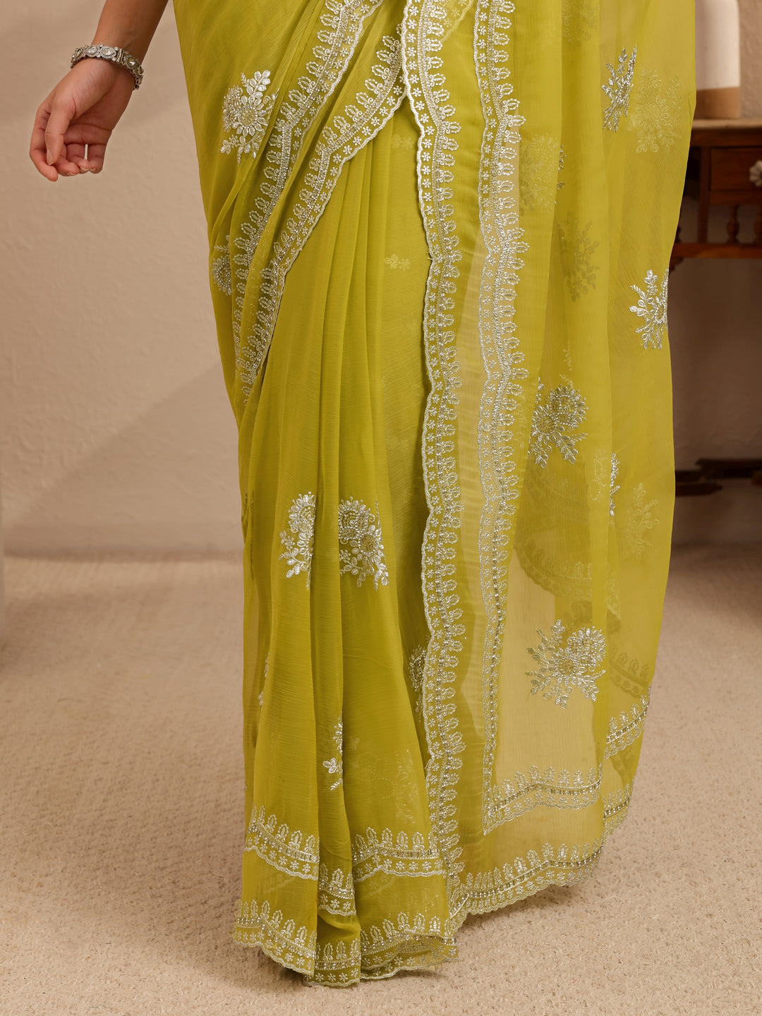  Lime Green Floral Embellished Chiffon Saree 