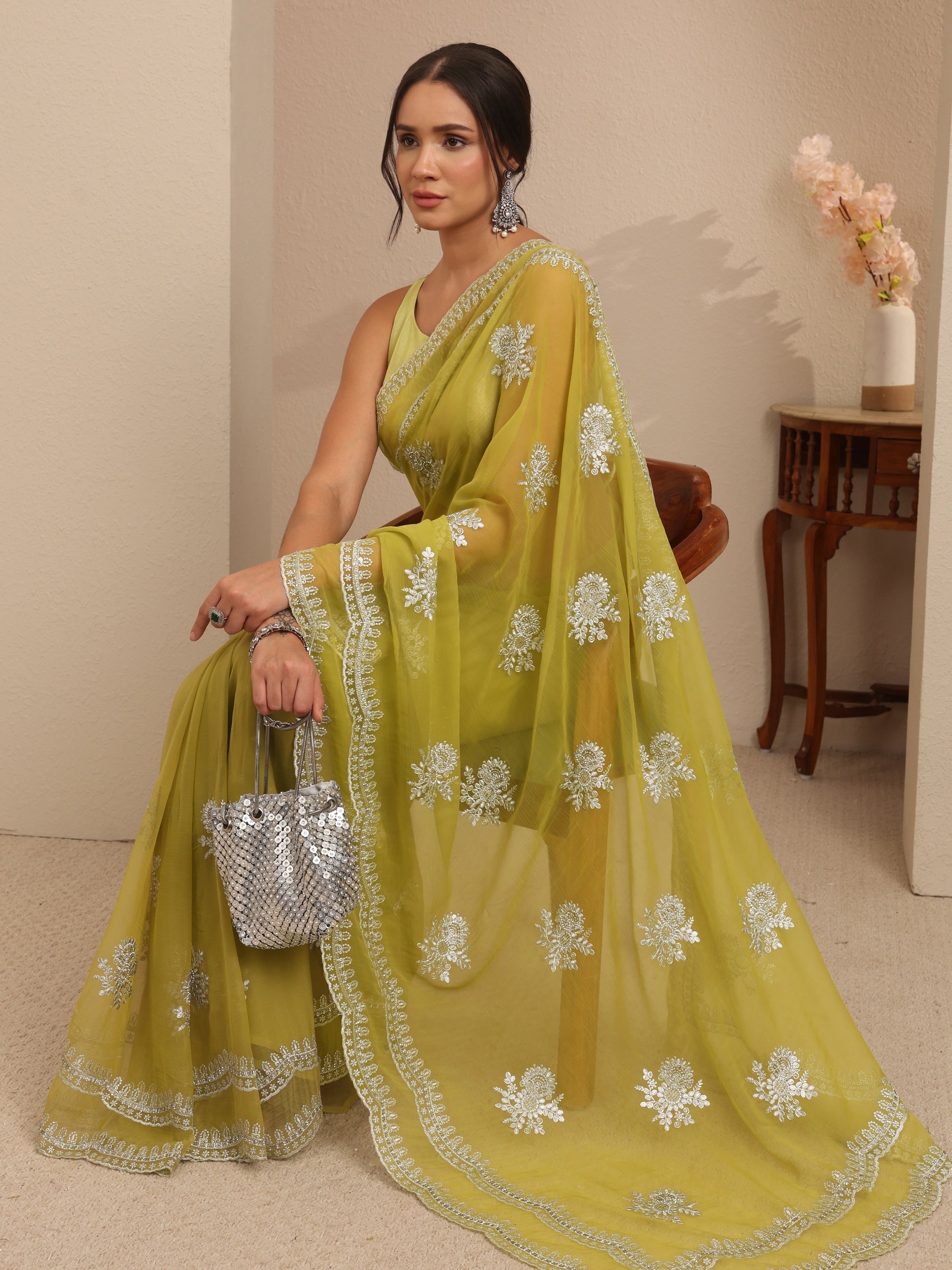 libas Lime Green Floral Embellished Chiffon Saree-picture-67