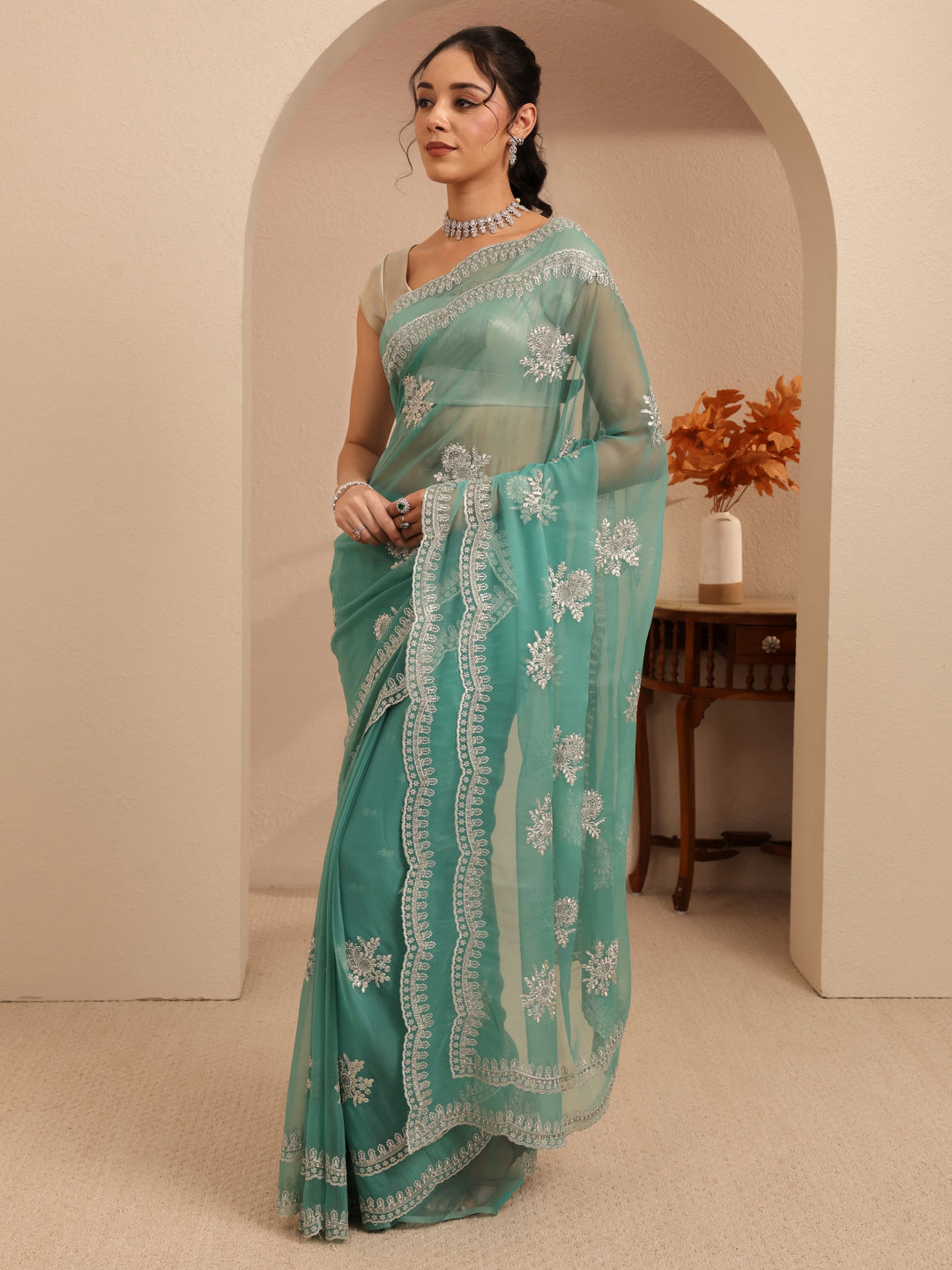  Sea Green Floral Embellished Chiffon Saree 