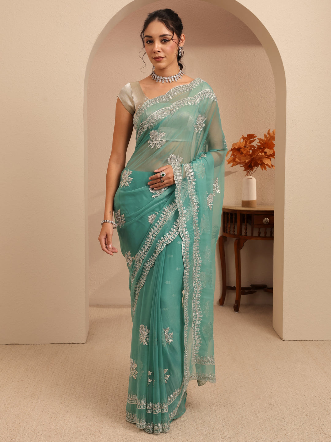  Sea Green Floral Embellished Chiffon Saree 