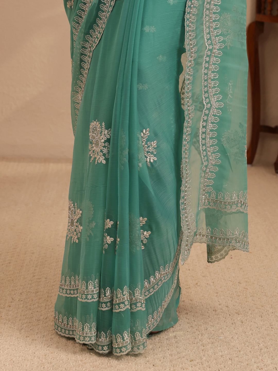  Sea Green Floral Embellished Chiffon Saree 