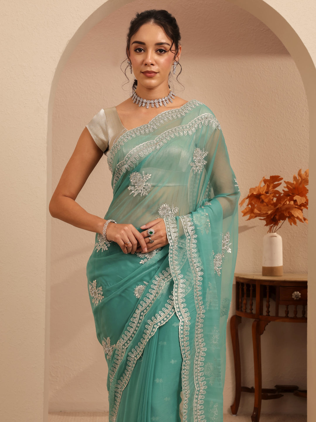  Sea Green Floral Embellished Chiffon Saree 