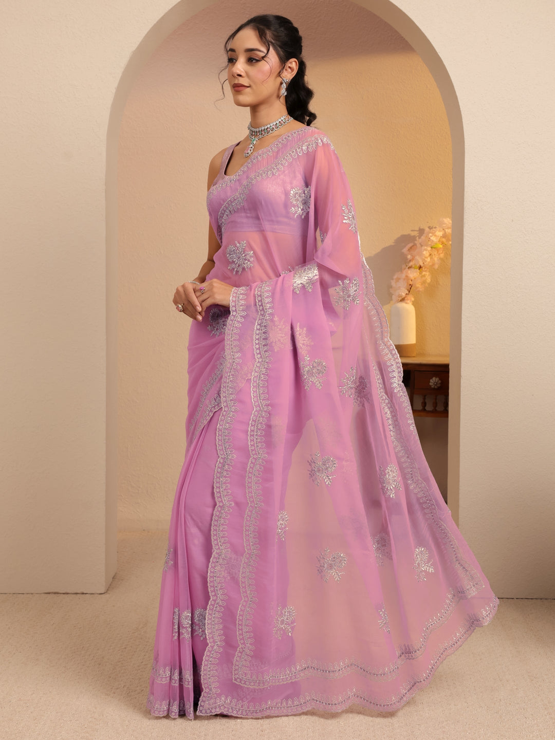  Periwinkle Pink Floral Embellished Chiffon Saree 
