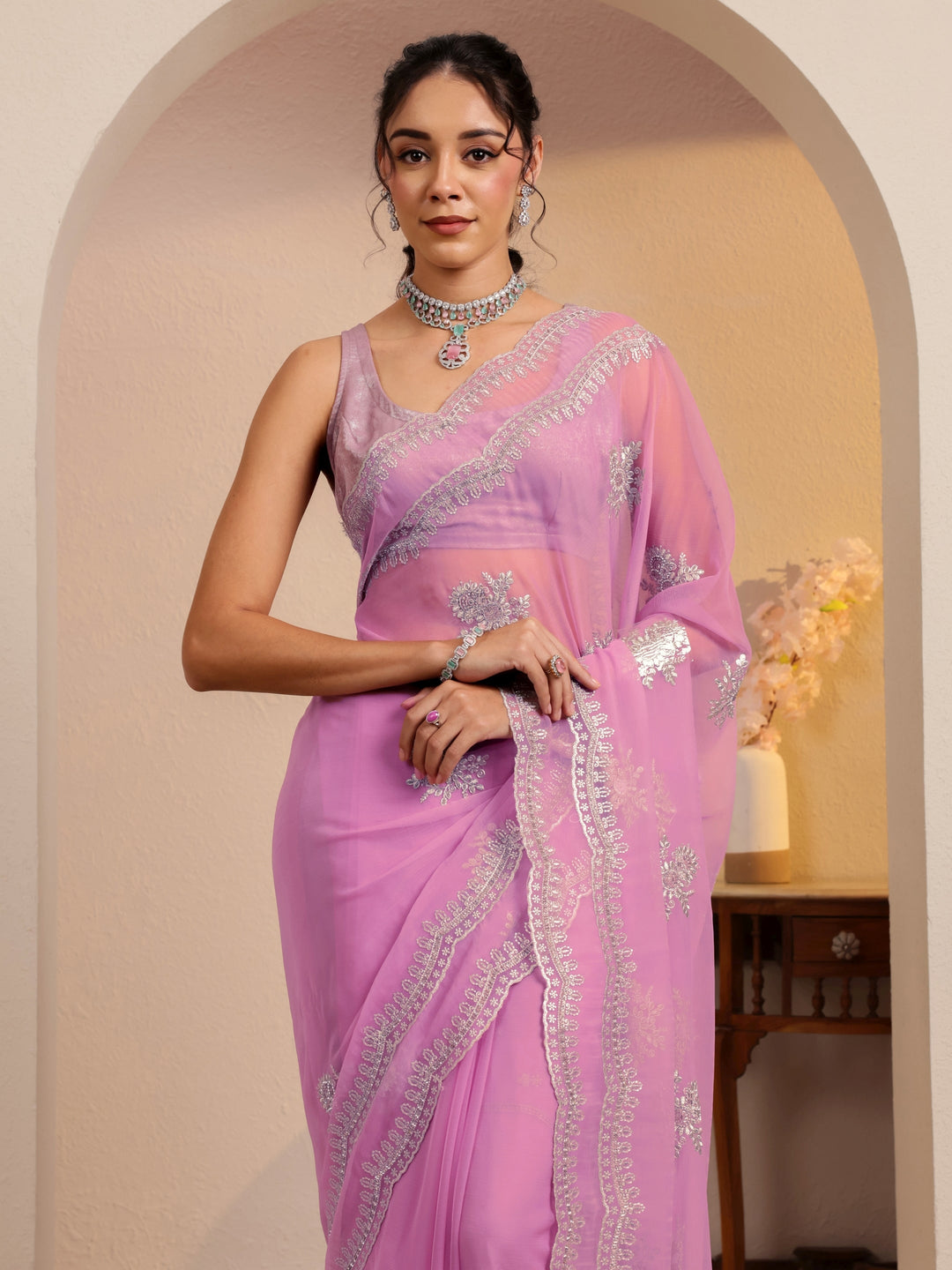  Periwinkle Pink Floral Embellished Chiffon Saree 
