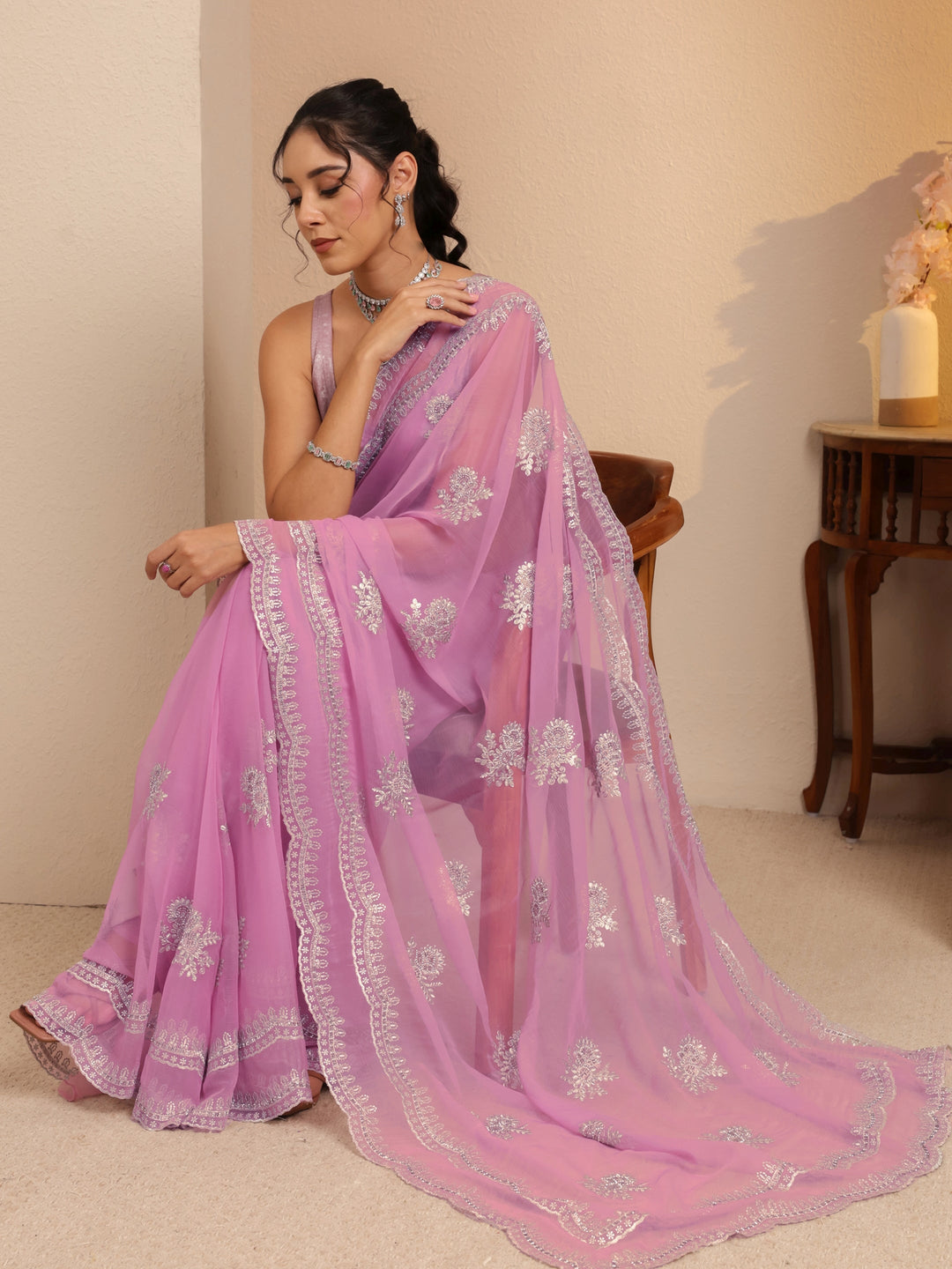  Periwinkle Pink Floral Embellished Chiffon Saree 
