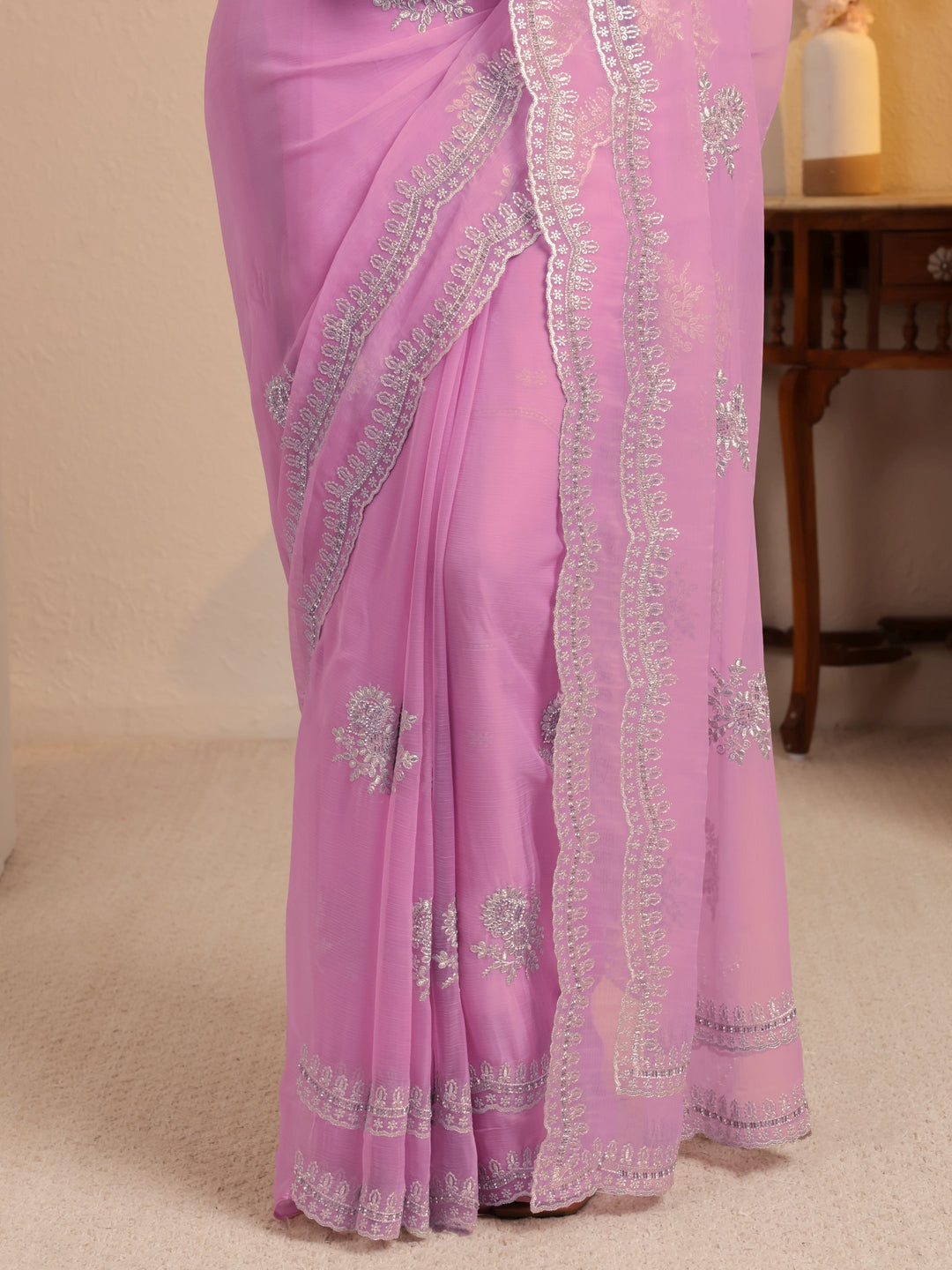  Periwinkle Pink Floral Embellished Chiffon Saree 