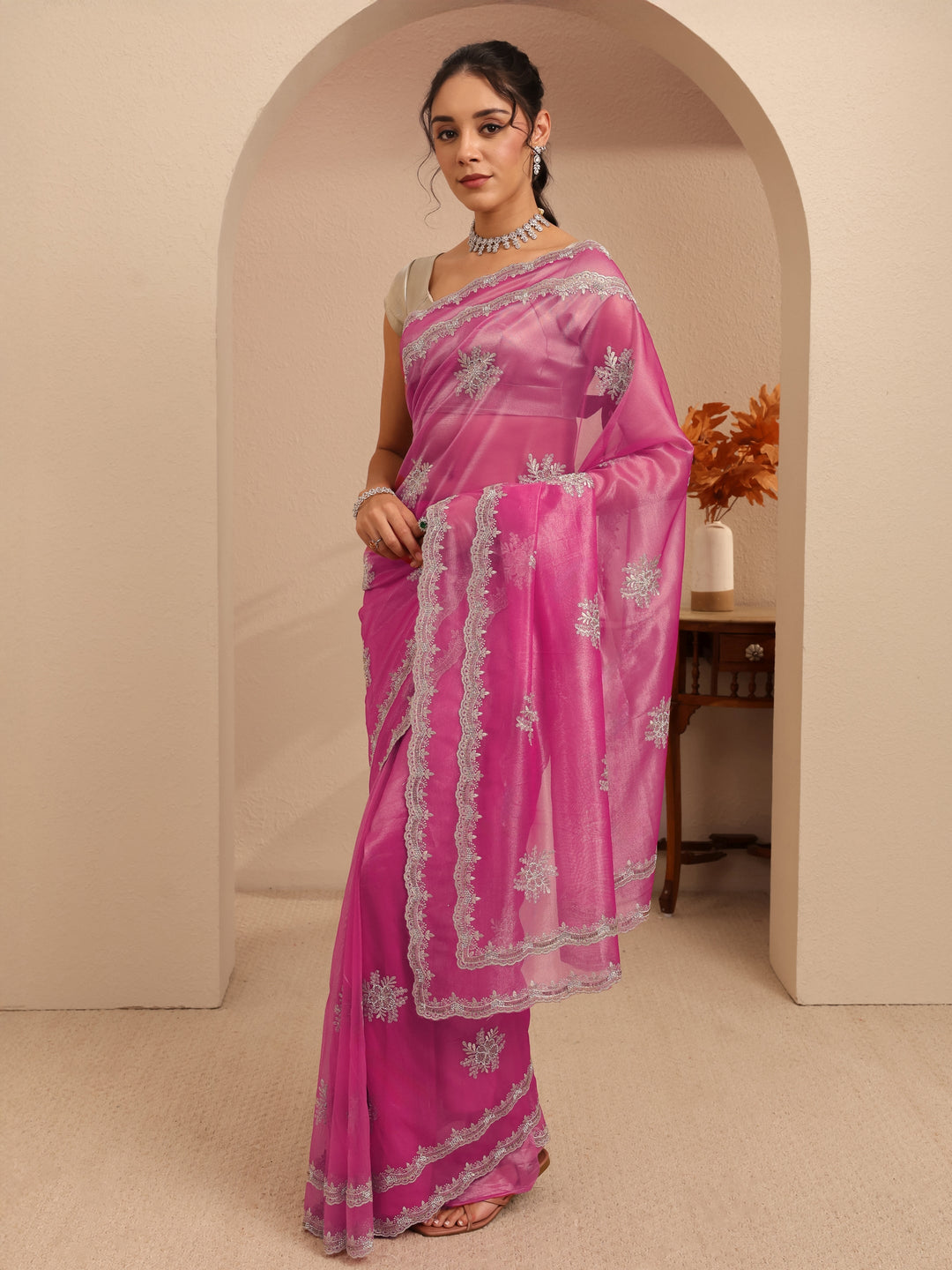  French Pink Floral Embellished Net Saree 