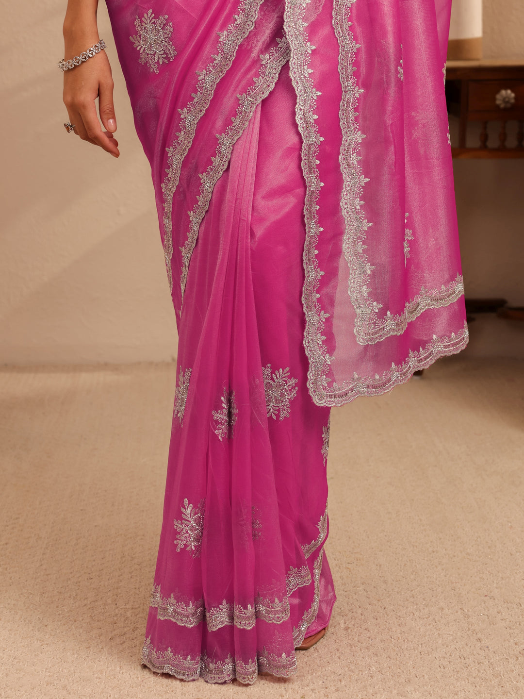  French Pink Floral Embellished Net Saree 
