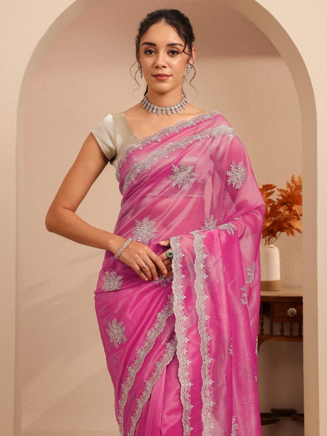  French Pink Floral Embellished Net Saree 