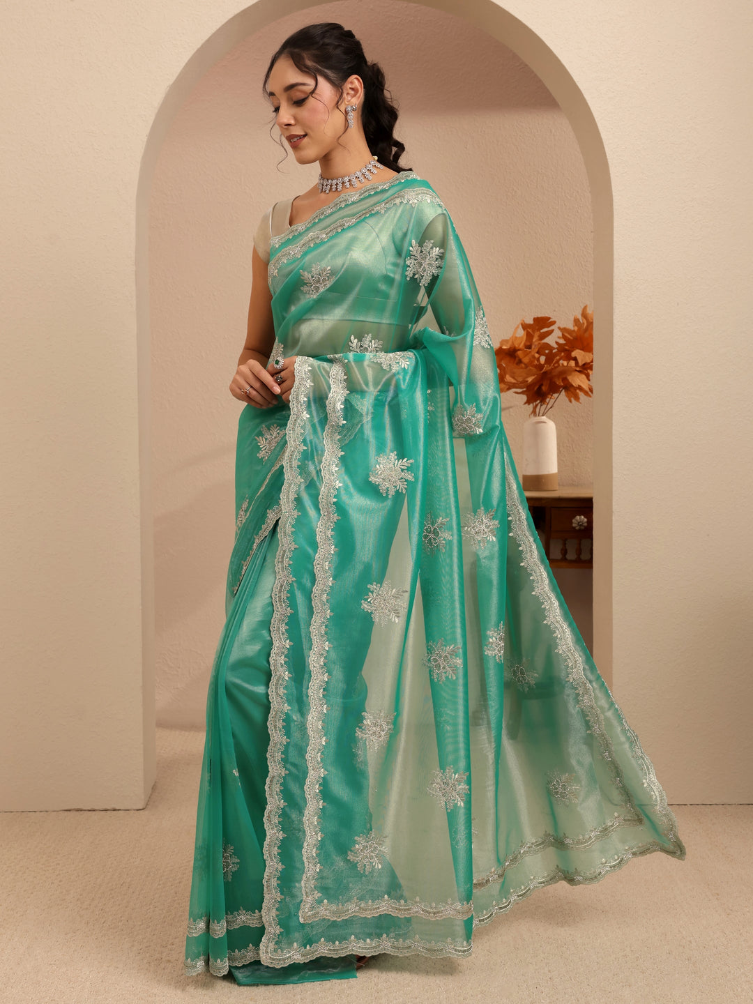  Seafoam Green Floral Embellished Net Saree 