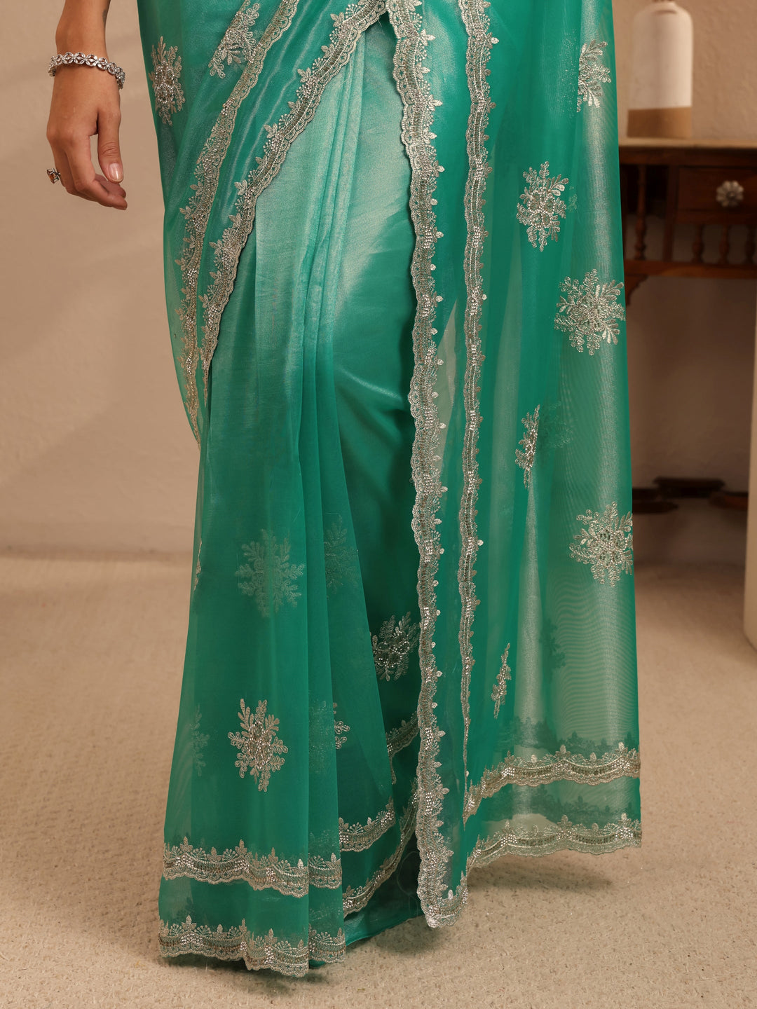  Seafoam Green Floral Embellished Net Saree 