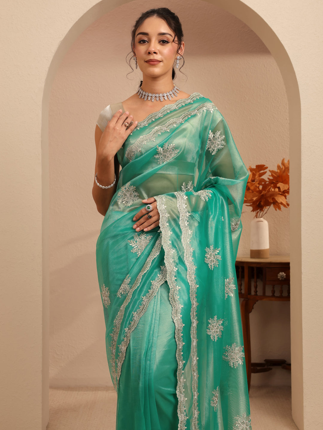  Seafoam Green Floral Embellished Net Saree 
