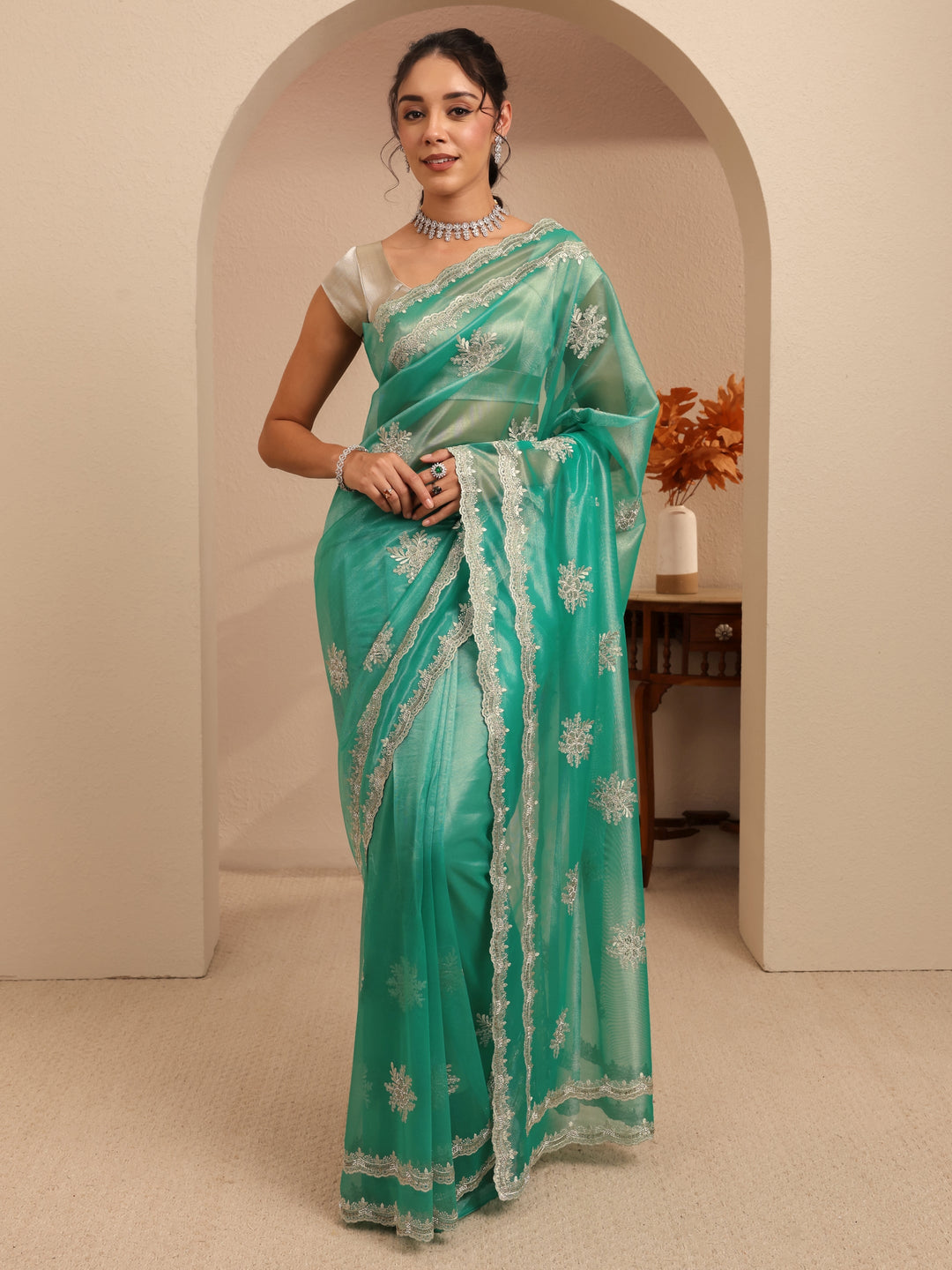  Seafoam Green Floral Embellished Net Saree 