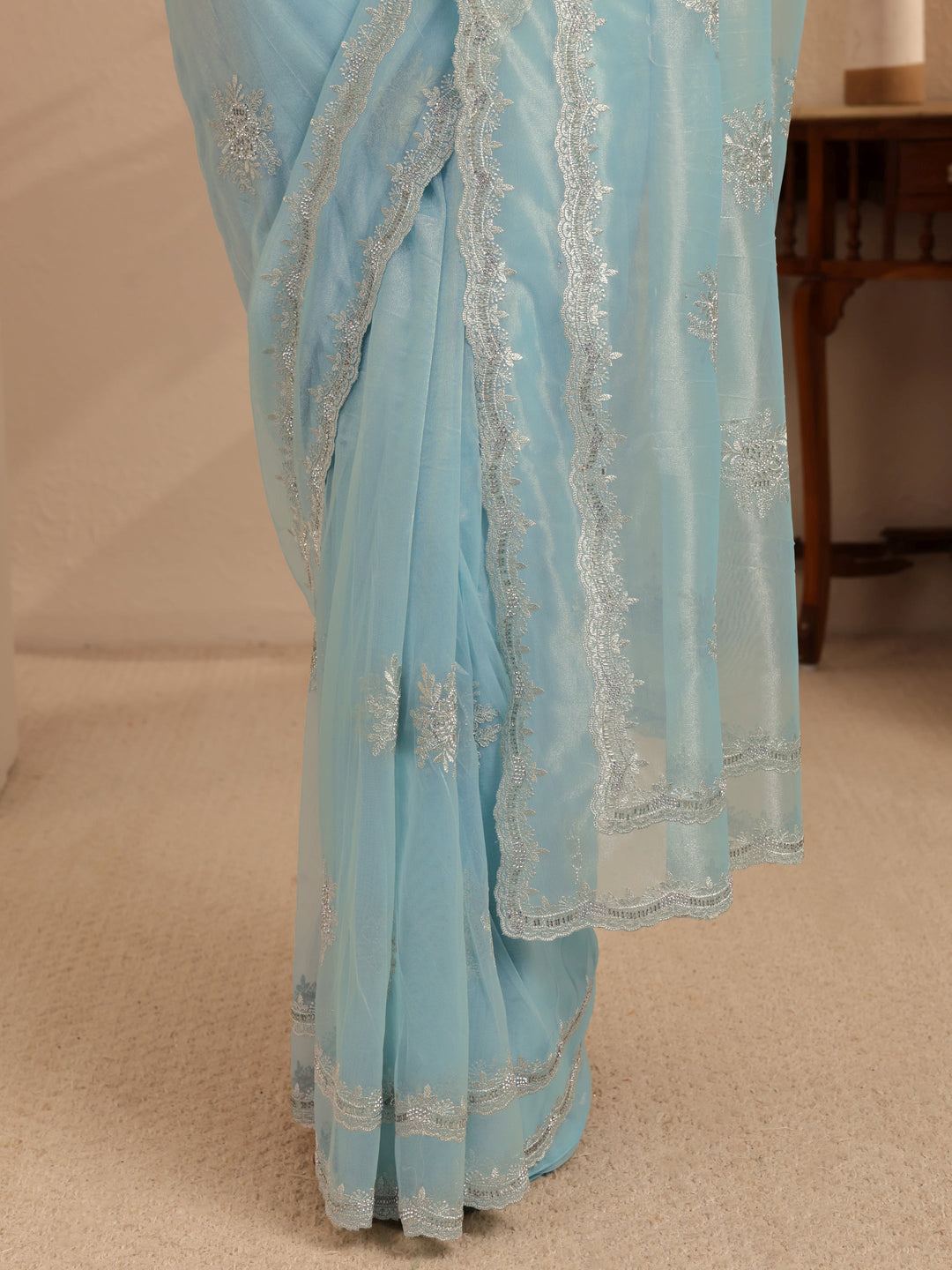  Powder Blue Floral Embellished Net Saree 