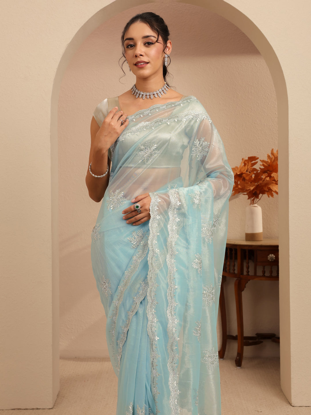  Powder Blue Floral Embellished Net Saree 
