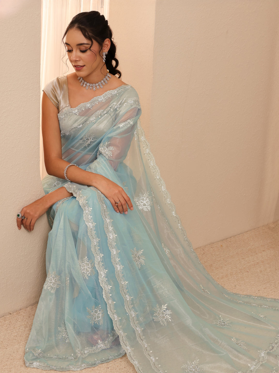  Powder Blue Floral Embellished Net Saree 