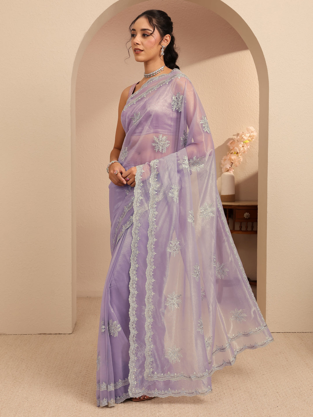  Lavender Floral Embellished Net Saree 