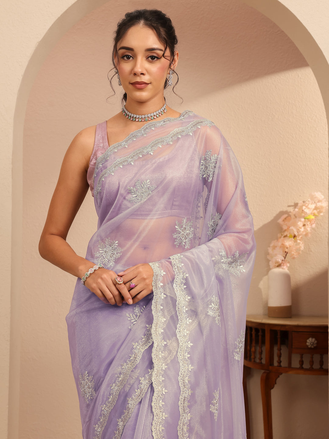  Lavender Floral Embellished Net Saree 