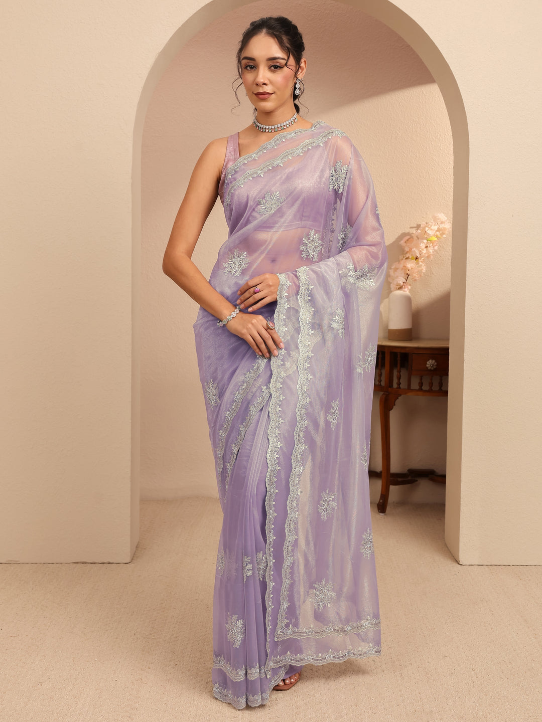  Lavender Floral Embellished Net Saree 