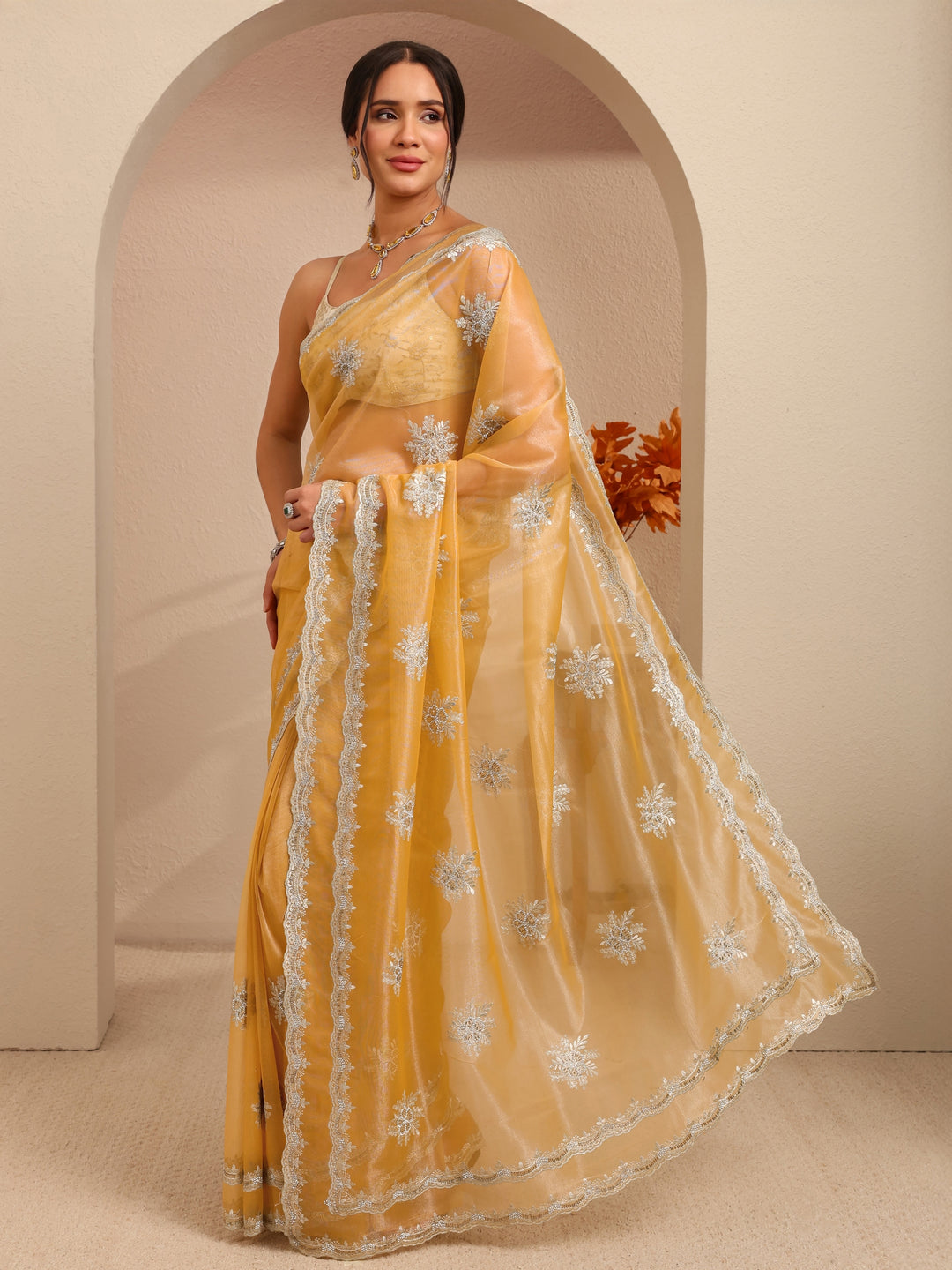  Buttercup Yellow Floral Embellished Net Saree 