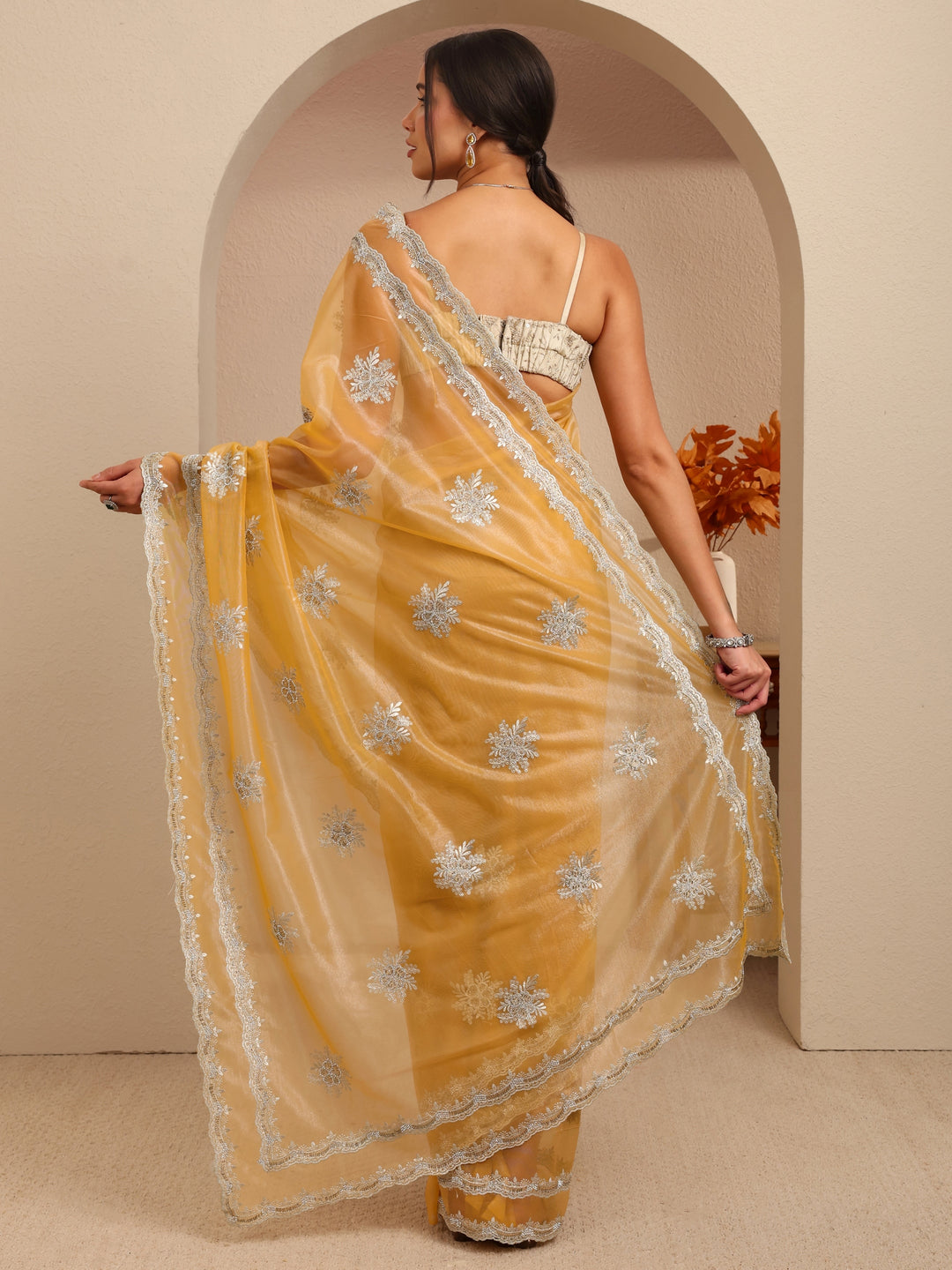  Buttercup Yellow Floral Embellished Net Saree 