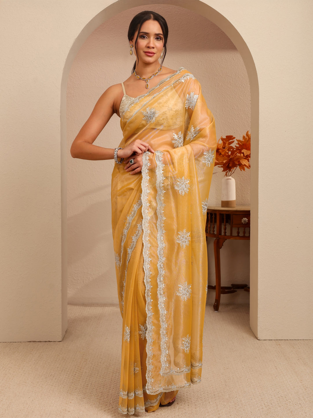  Buttercup Yellow Floral Embellished Net Saree 