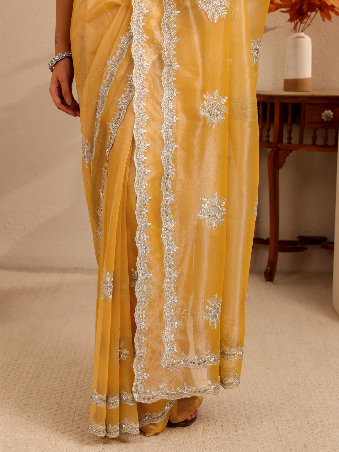  Buttercup Yellow Floral Embellished Net Saree 
