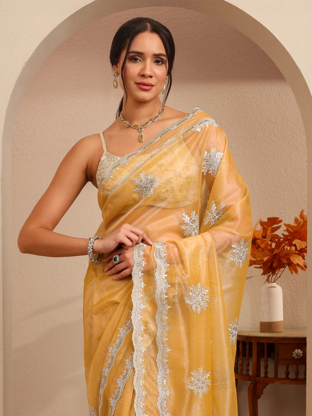 Buttercup Yellow Floral Embellished Net Saree 