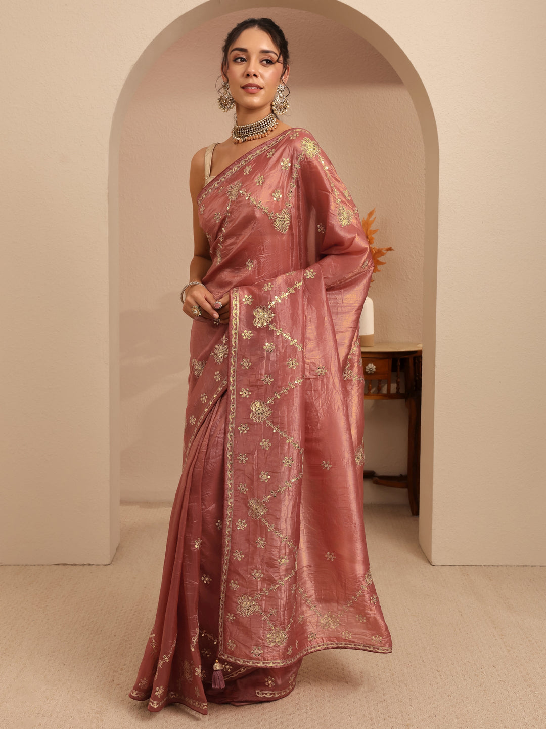  Auburn Brown Floral Embellished Tissue Saree 