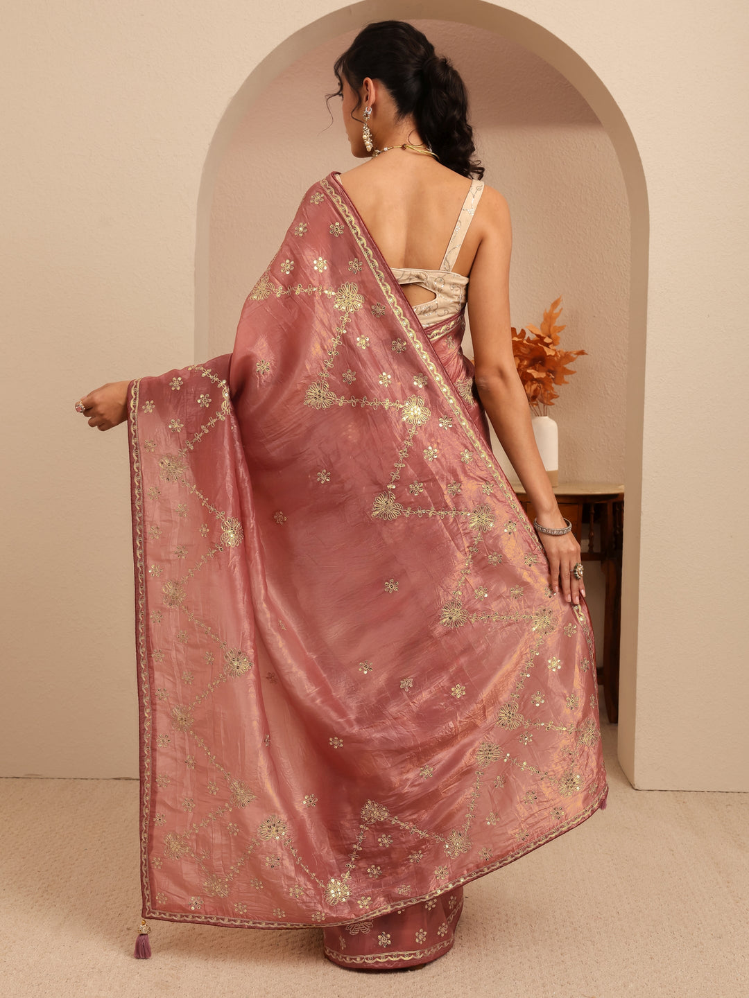  Auburn Brown Floral Embellished Tissue Saree 