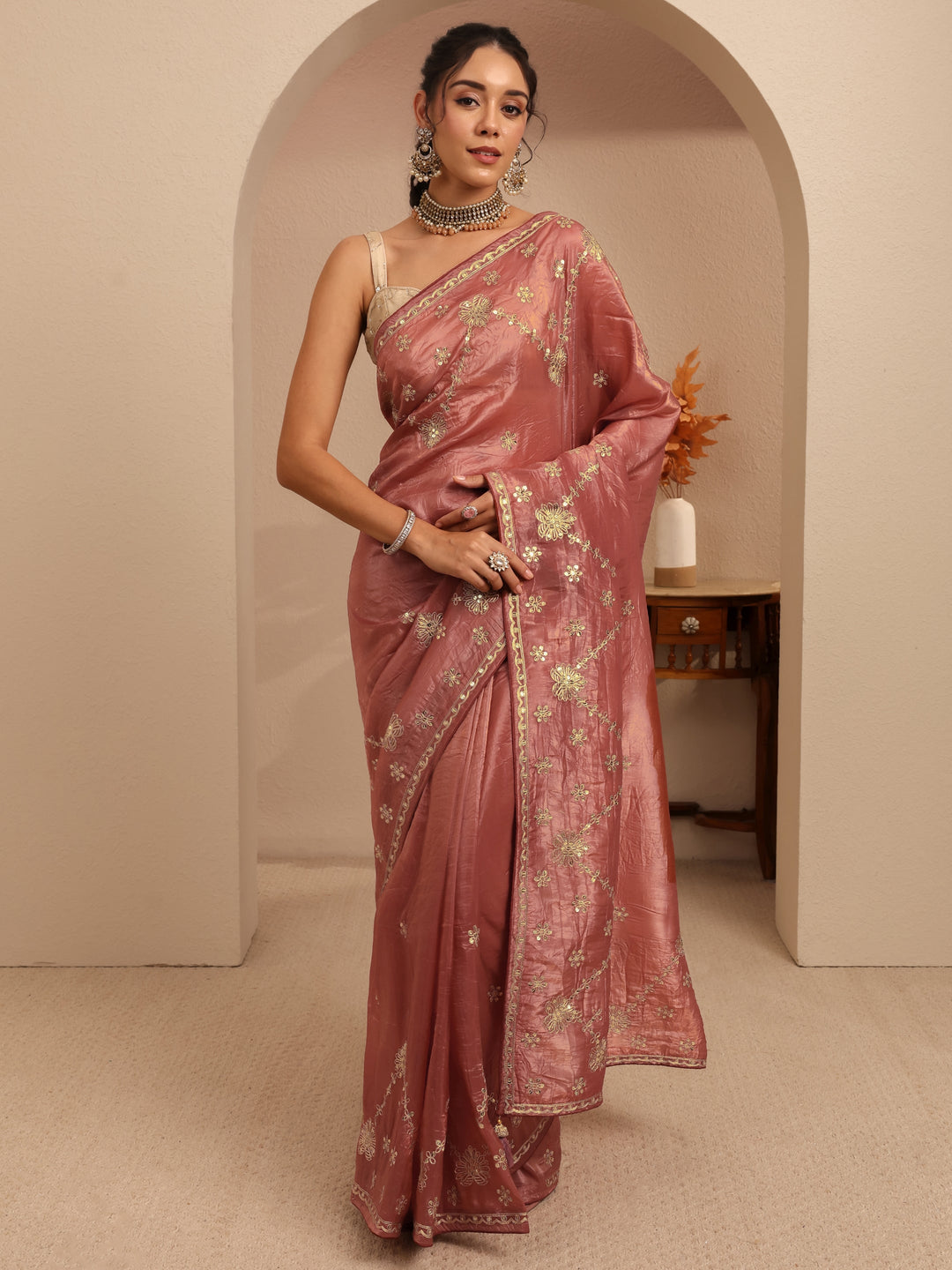  Auburn Brown Floral Embellished Tissue Saree 
