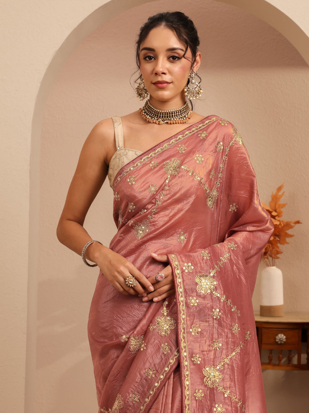  Auburn Brown Floral Embellished Tissue Saree 