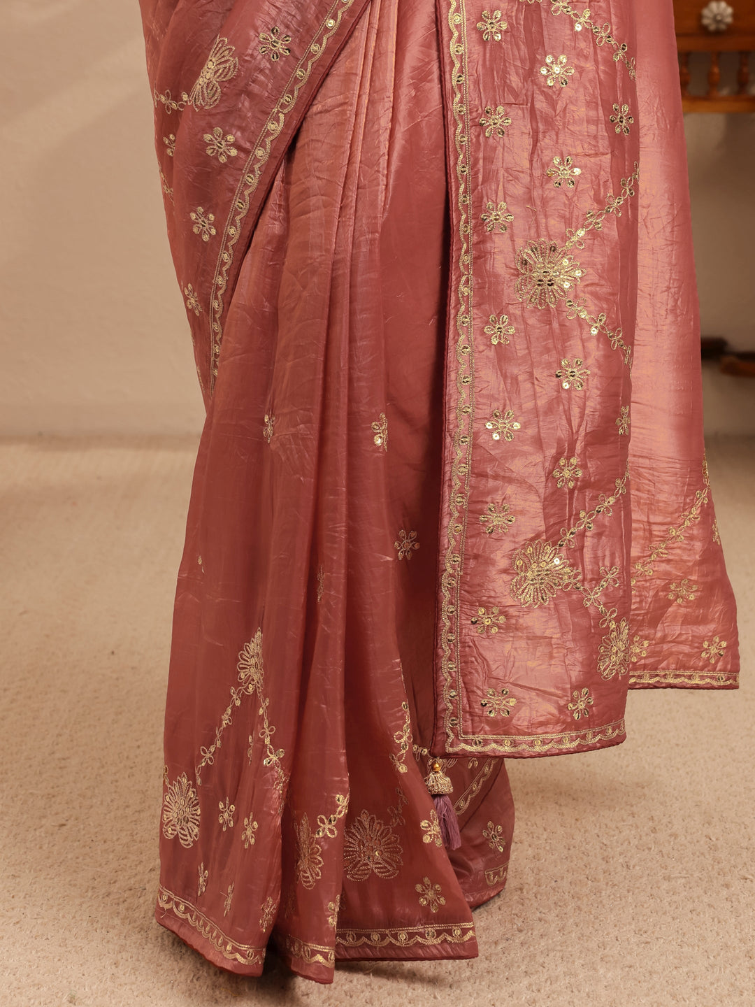  Auburn Brown Floral Embellished Tissue Saree 
