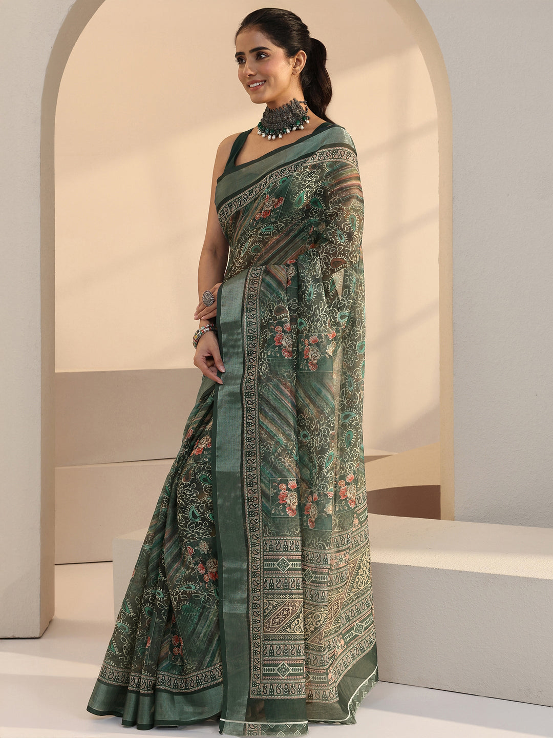  Green Paisley Print Cotton Blend Saree 