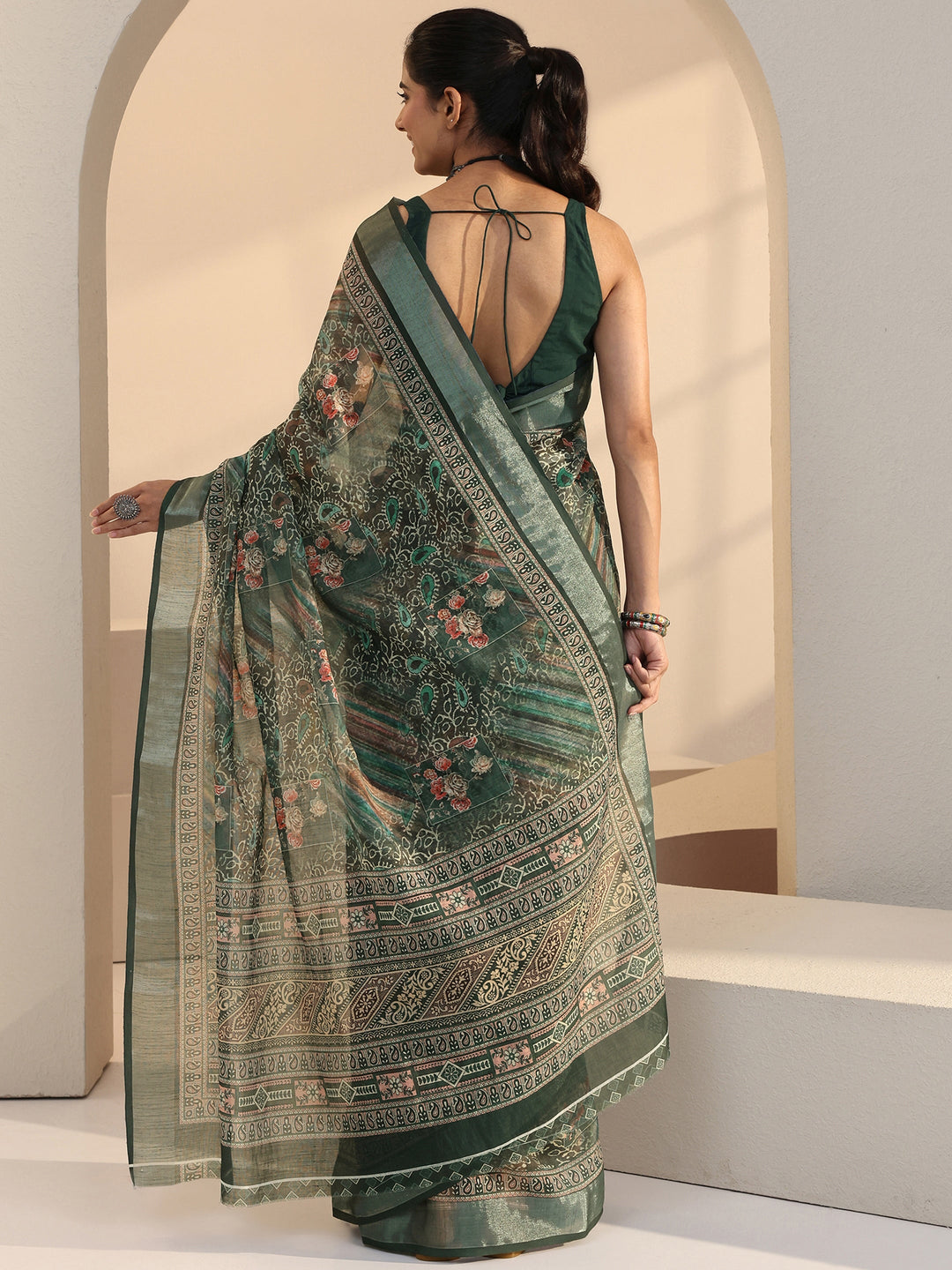  Green Paisley Print Cotton Blend Saree 