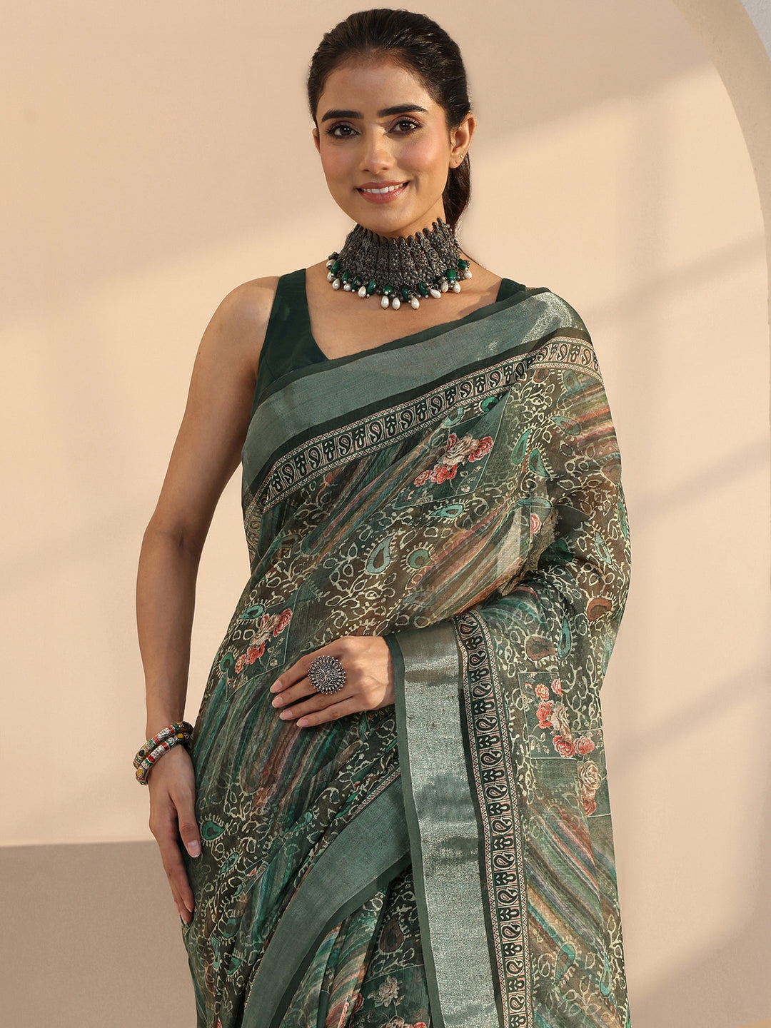 Green Paisley Print Cotton Blend Saree 