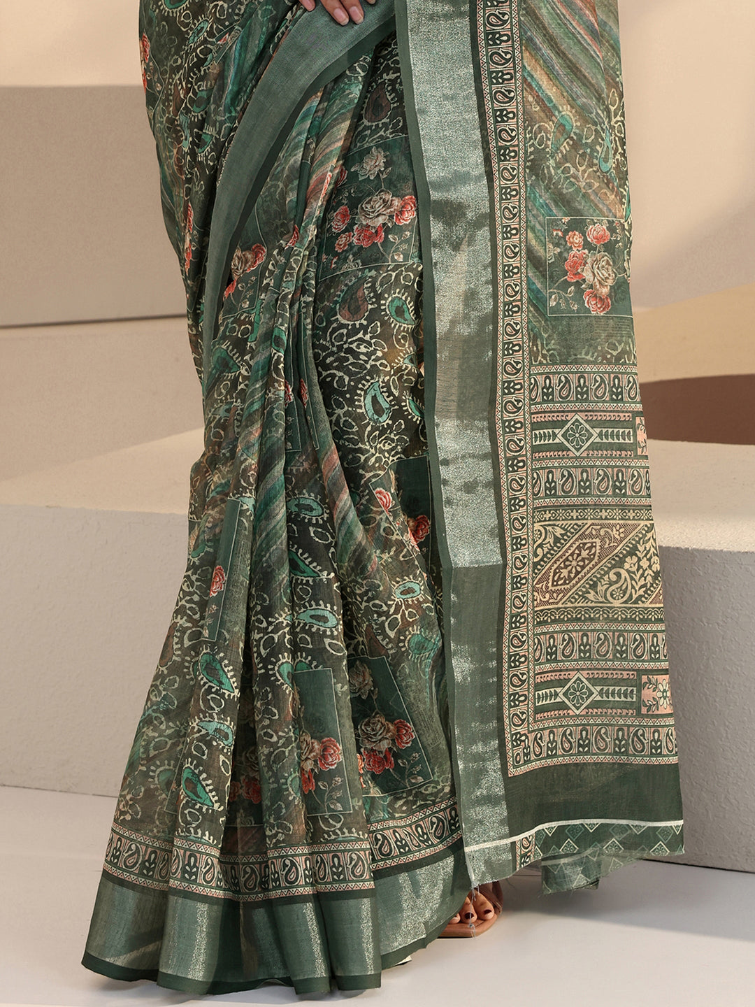  Green Paisley Print Cotton Blend Saree 