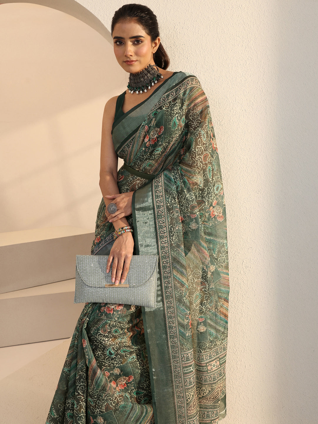  Green Paisley Print Cotton Blend Saree 