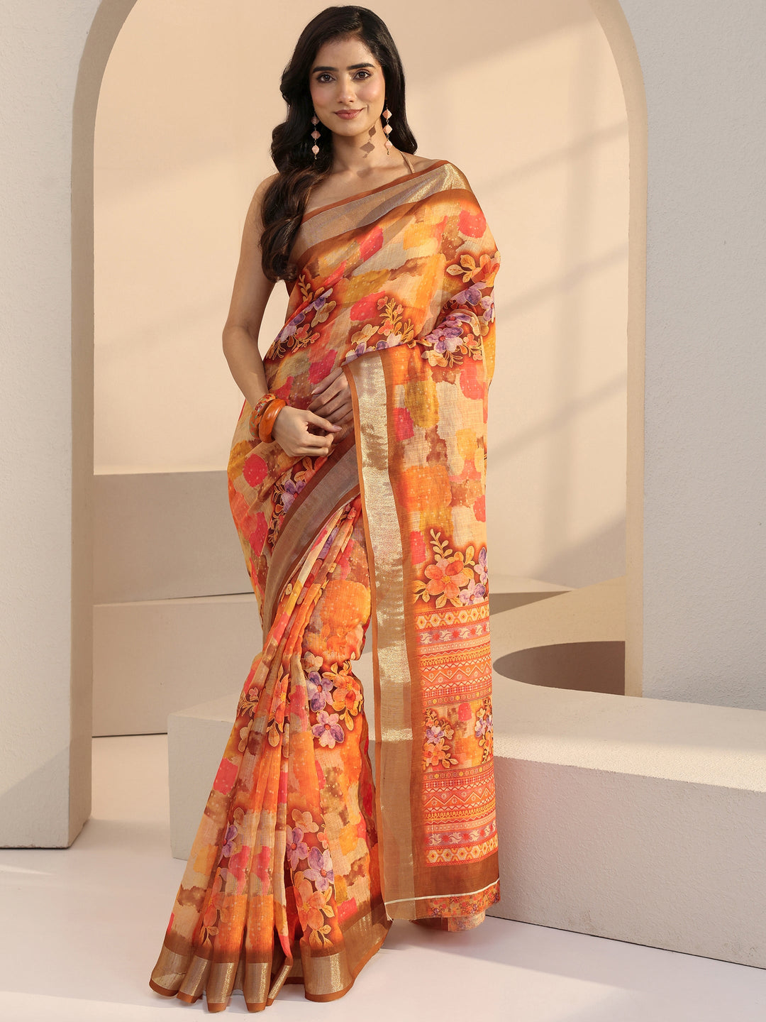  Orange Floral Print Cotton Blend Saree 