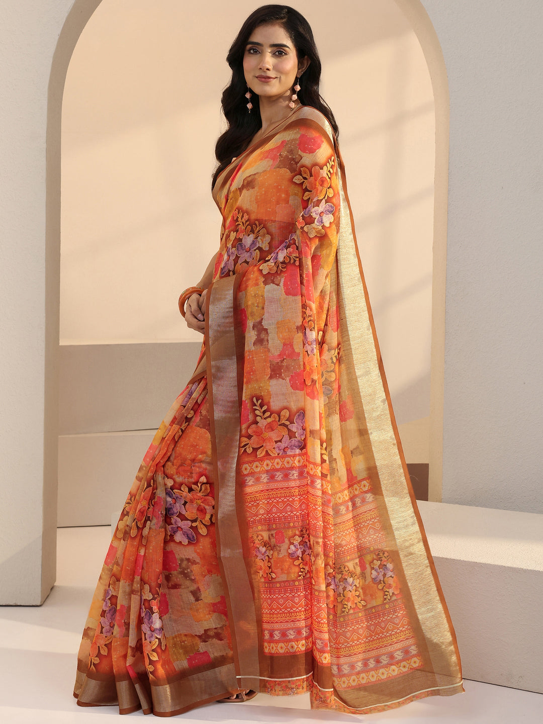  Orange Floral Print Cotton Blend Saree 