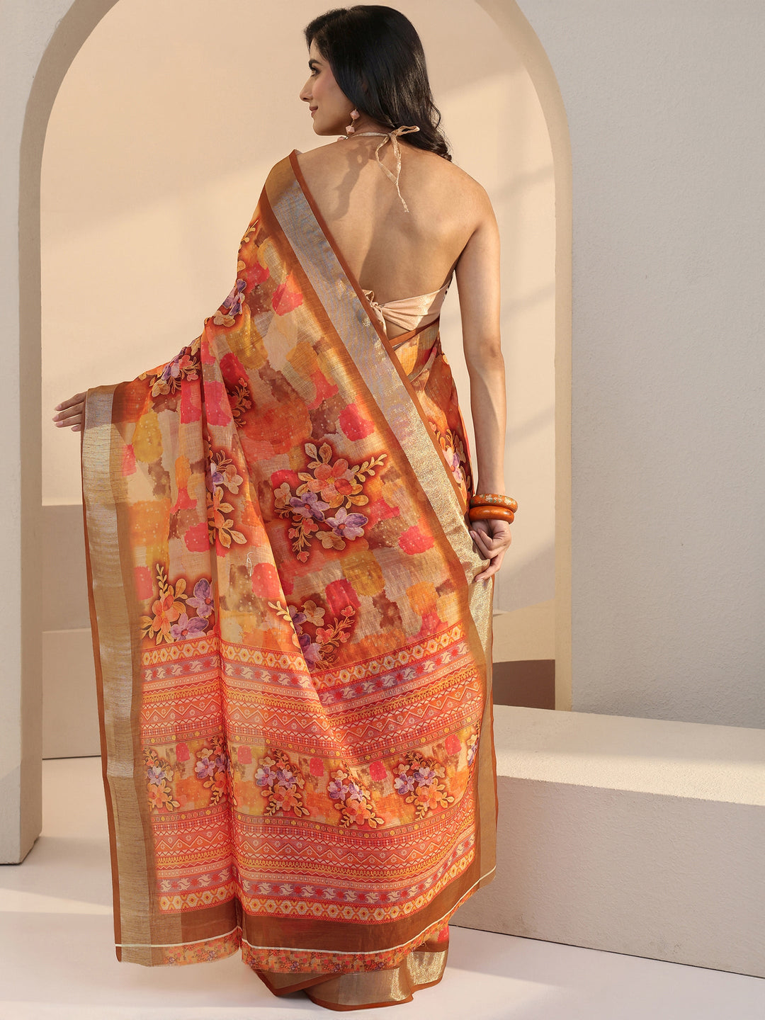  Orange Floral Print Cotton Blend Saree 